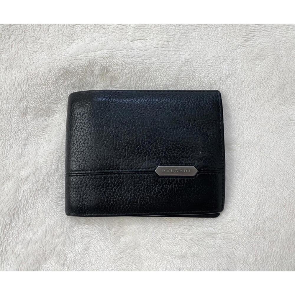 Bulgari Black Leather Bi-Fold Wallet with Silver Plaque